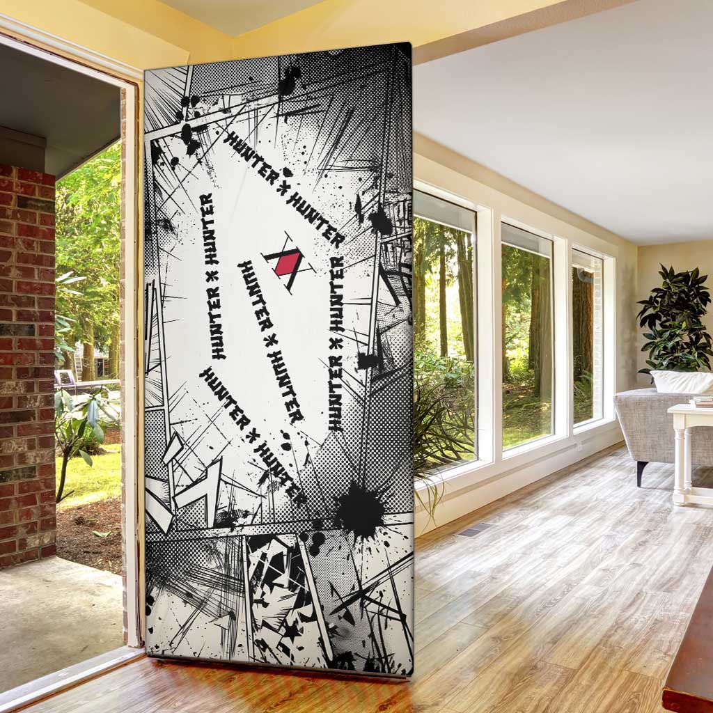 Killua Silva Illumi Team Design Door Cover with Monochrome Graffiti Background and Hunter Association Symbols - The Mazicc