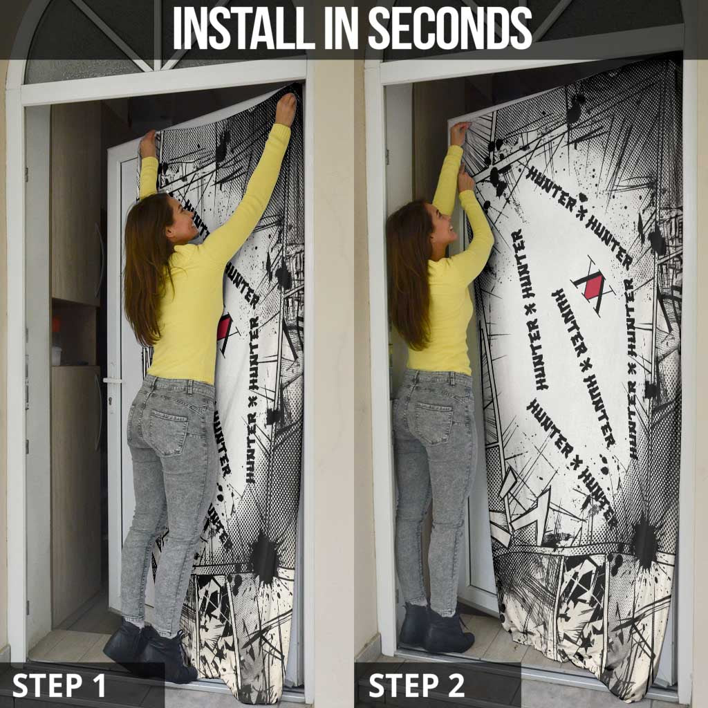 Killua Silva Illumi Team Design Door Cover with Monochrome Graffiti Background and Hunter Association Symbols - The Mazicc