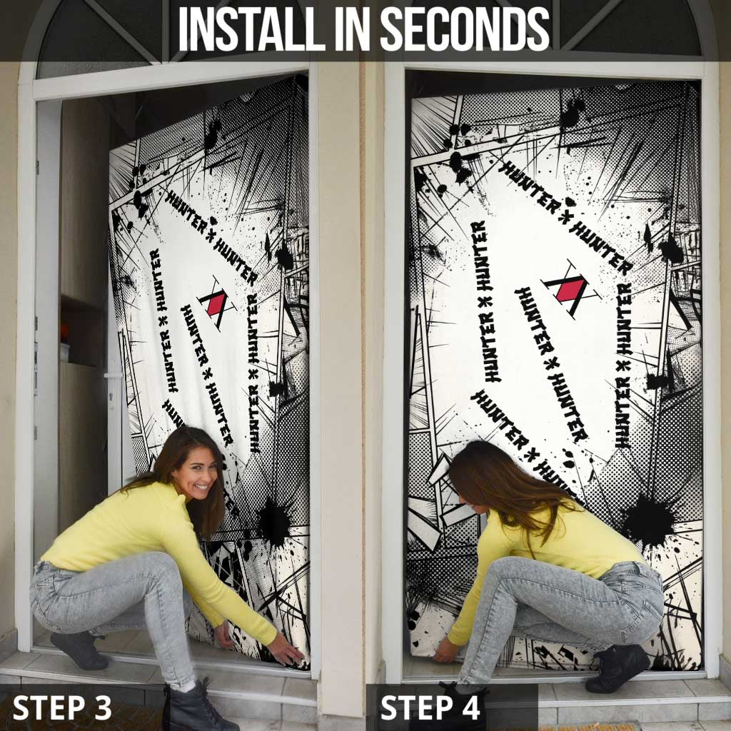 Killua Silva Illumi Team Design Door Cover with Monochrome Graffiti Background and Hunter Association Symbols - The Mazicc