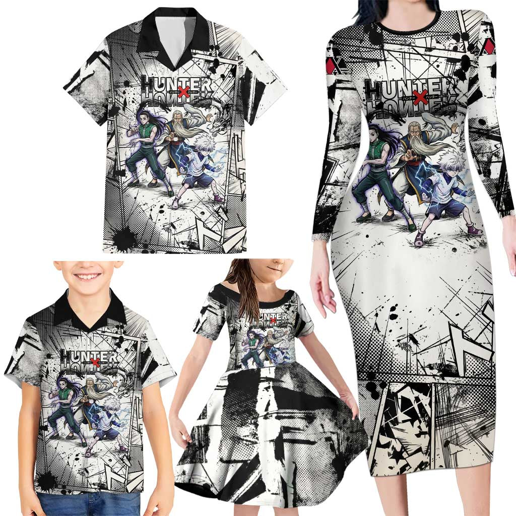 Killua Silva Illumi Team Design Family Matching Long Sleeve Bodycon Dress and Hawaiian Shirt with Monochrome Graffiti Background and Hunter Association Symbols