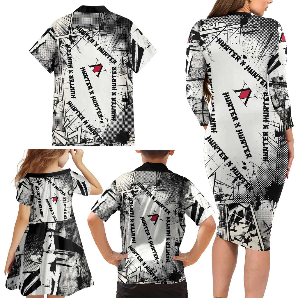 Killua Silva Illumi Team Design Family Matching Long Sleeve Bodycon Dress and Hawaiian Shirt with Monochrome Graffiti Background and Hunter Association Symbols