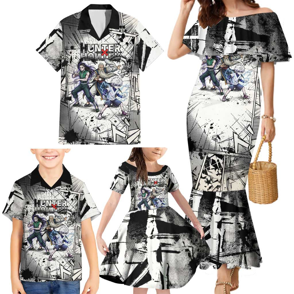 Killua Silva Illumi Team Design Family Matching Mermaid Dress and Hawaiian Shirt with Monochrome Graffiti Background and Hunter Association Symbols