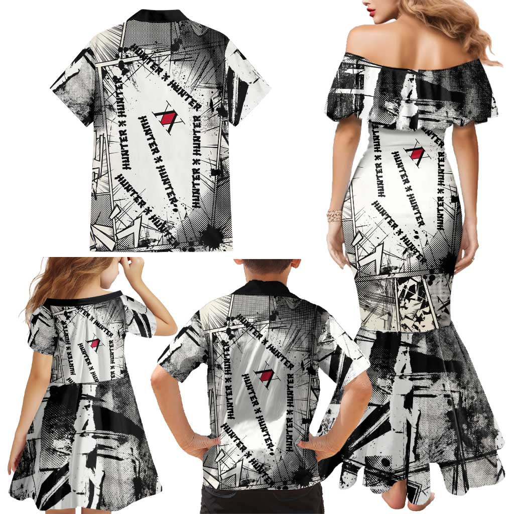 Killua Silva Illumi Team Design Family Matching Mermaid Dress and Hawaiian Shirt with Monochrome Graffiti Background and Hunter Association Symbols