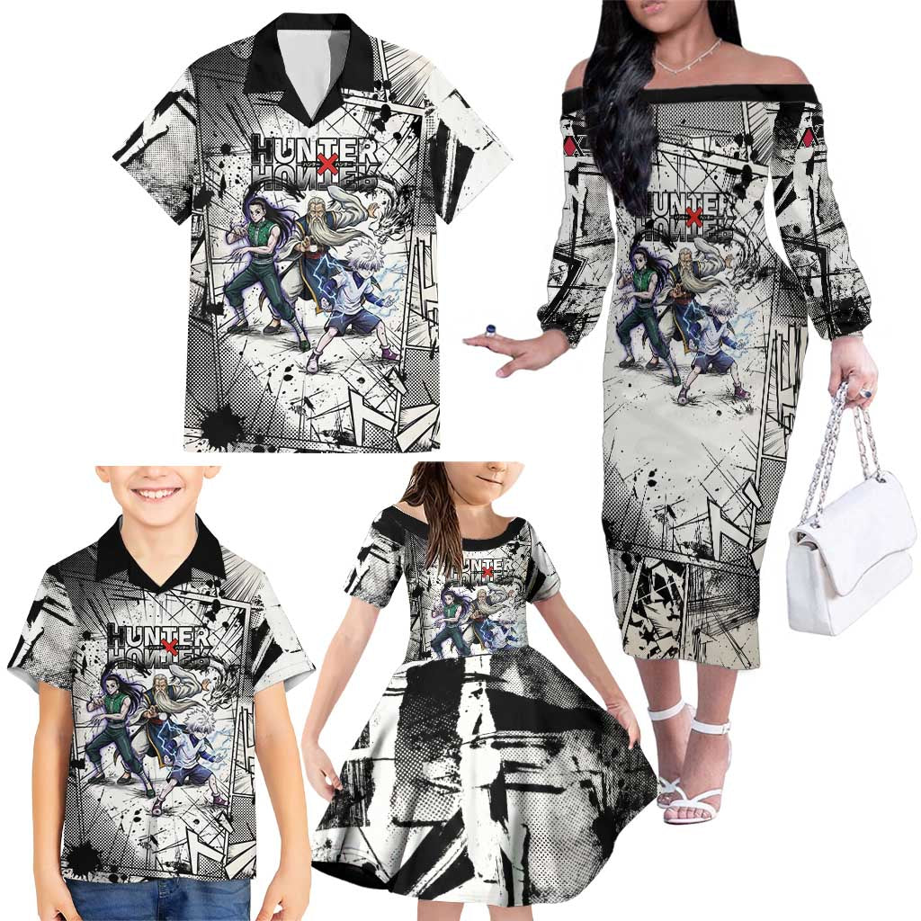Killua Silva Illumi Team Design Family Matching Off The Shoulder Long Sleeve Dress and Hawaiian Shirt with Monochrome Graffiti Background and Hunter Association Symbols