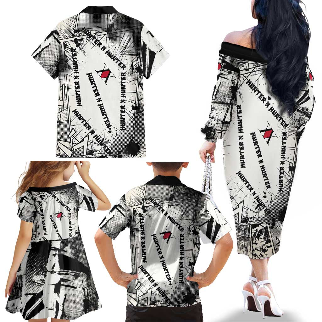 Killua Silva Illumi Team Design Family Matching Off The Shoulder Long Sleeve Dress and Hawaiian Shirt with Monochrome Graffiti Background and Hunter Association Symbols