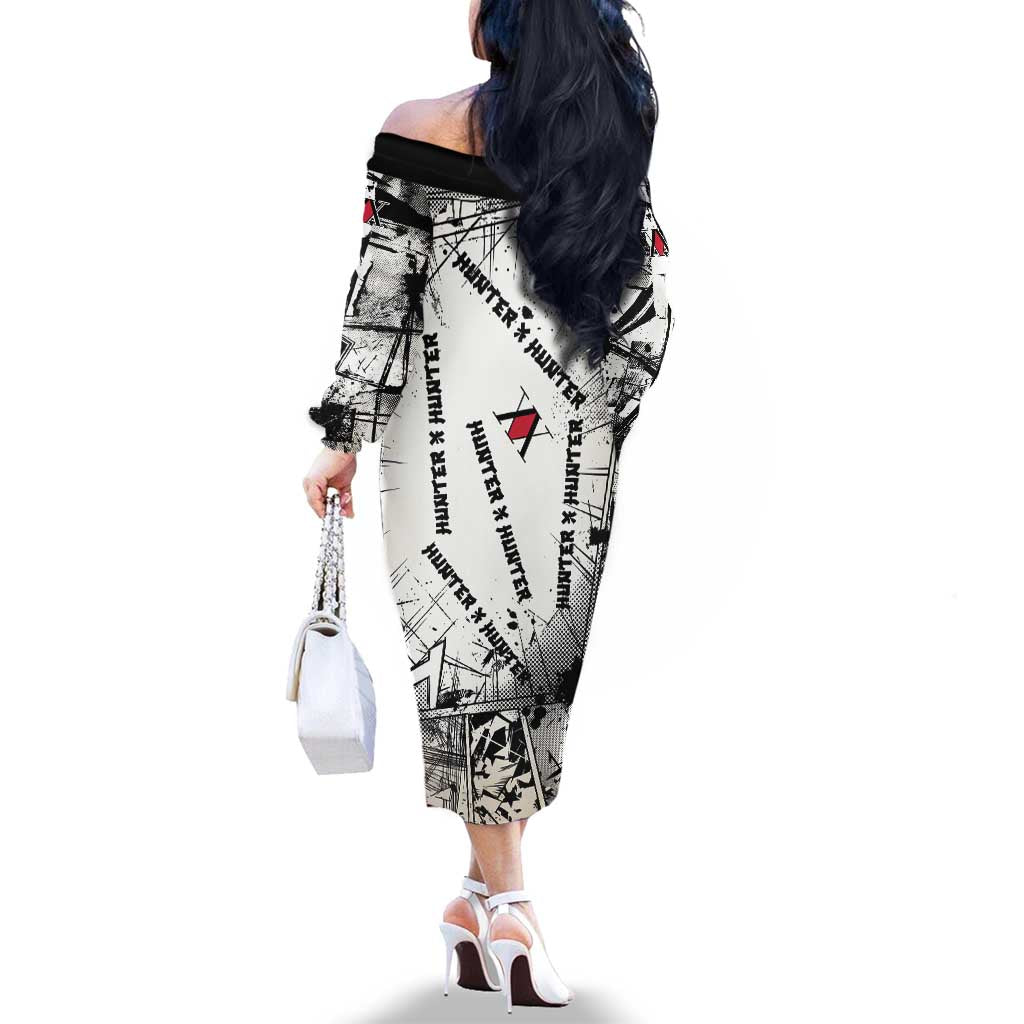 Killua Silva Illumi Team Design Family Matching Off The Shoulder Long Sleeve Dress and Hawaiian Shirt with Monochrome Graffiti Background and Hunter Association Symbols