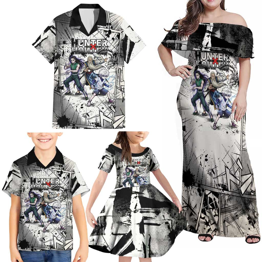 Killua Silva Illumi Team Design Family Matching Off Shoulder Maxi Dress and Hawaiian Shirt with Monochrome Graffiti Background and Hunter Association Symbols