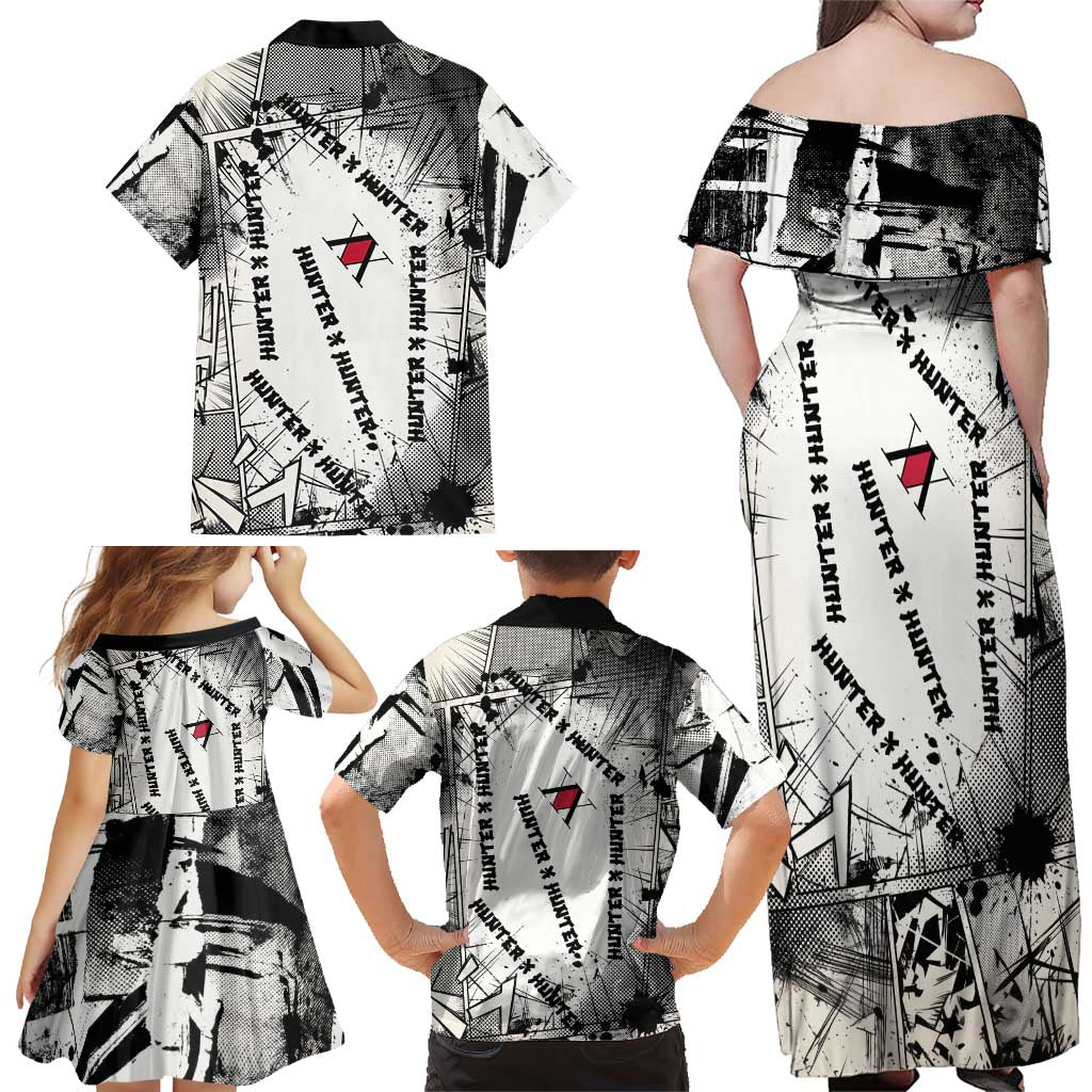 Killua Silva Illumi Team Design Family Matching Off Shoulder Maxi Dress and Hawaiian Shirt with Monochrome Graffiti Background and Hunter Association Symbols