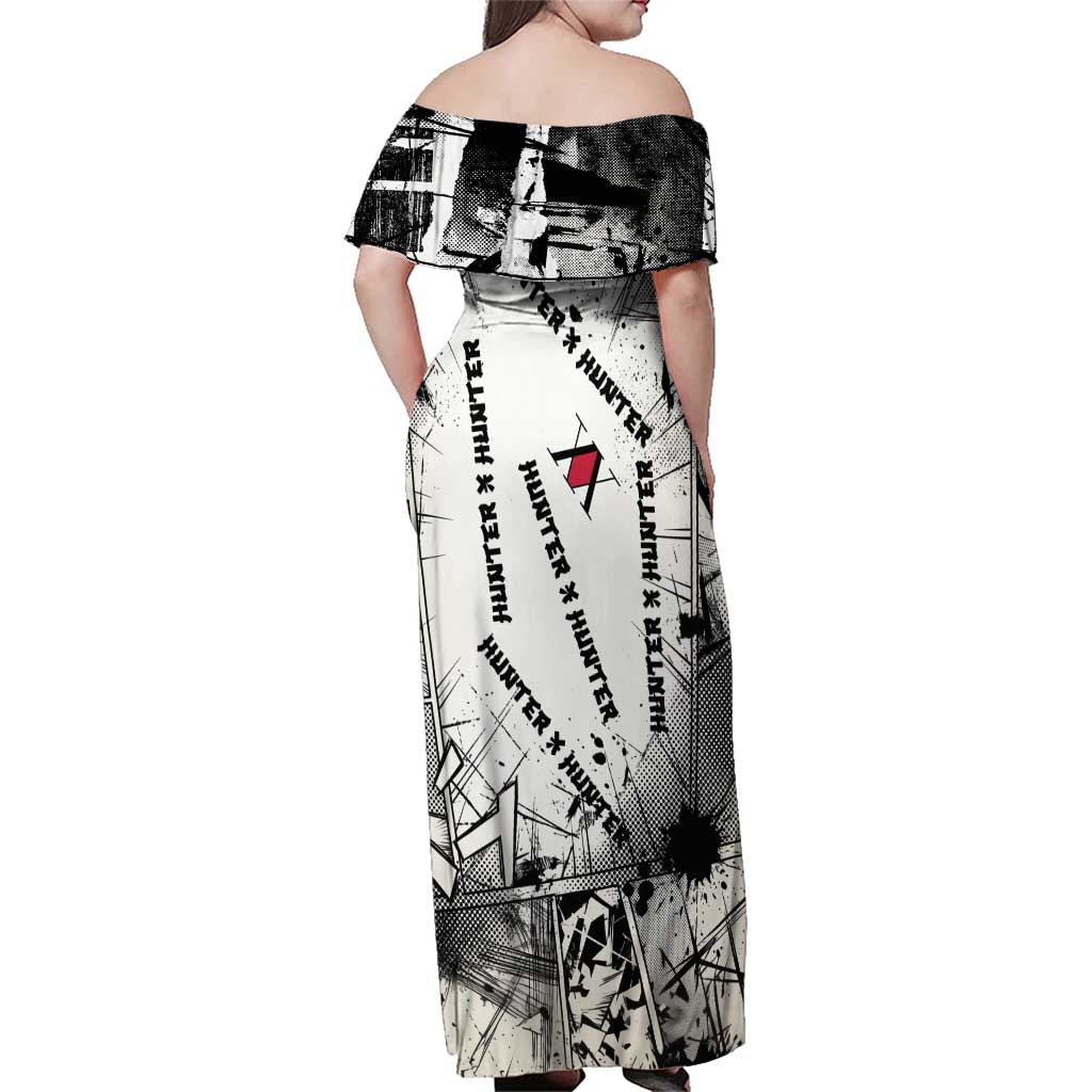Killua Silva Illumi Team Design Family Matching Off Shoulder Maxi Dress and Hawaiian Shirt with Monochrome Graffiti Background and Hunter Association Symbols