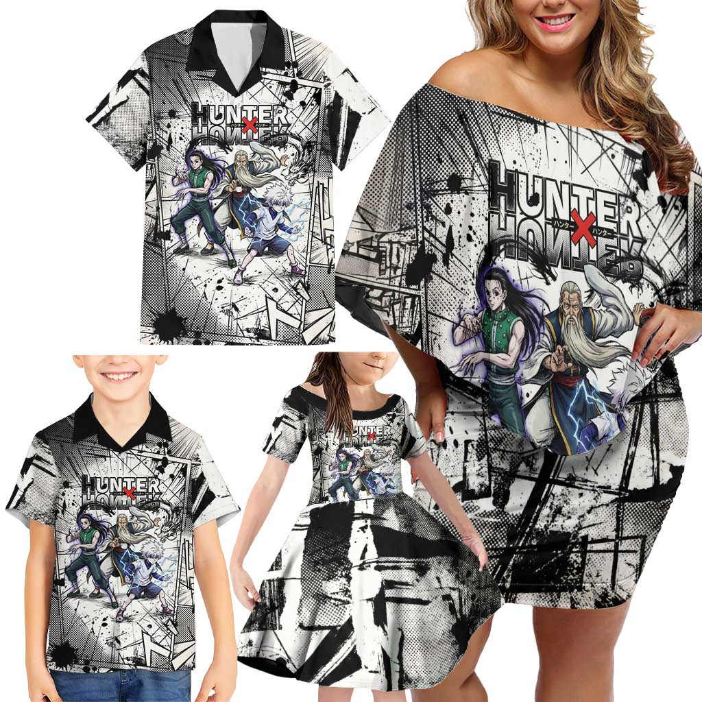 Killua Silva Illumi Team Design Family Matching Off Shoulder Short Dress and Hawaiian Shirt with Monochrome Graffiti Background and Hunter Association Symbols