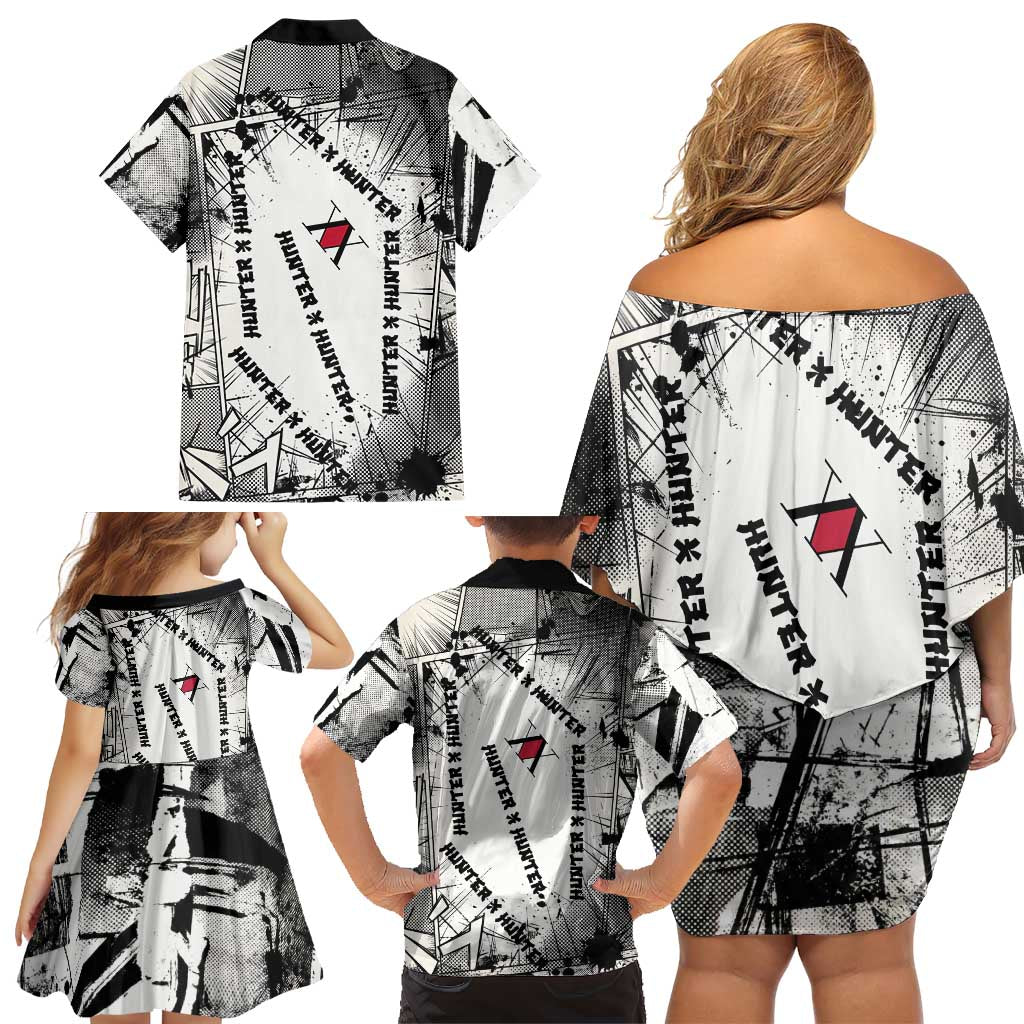 Killua Silva Illumi Team Design Family Matching Off Shoulder Short Dress and Hawaiian Shirt with Monochrome Graffiti Background and Hunter Association Symbols