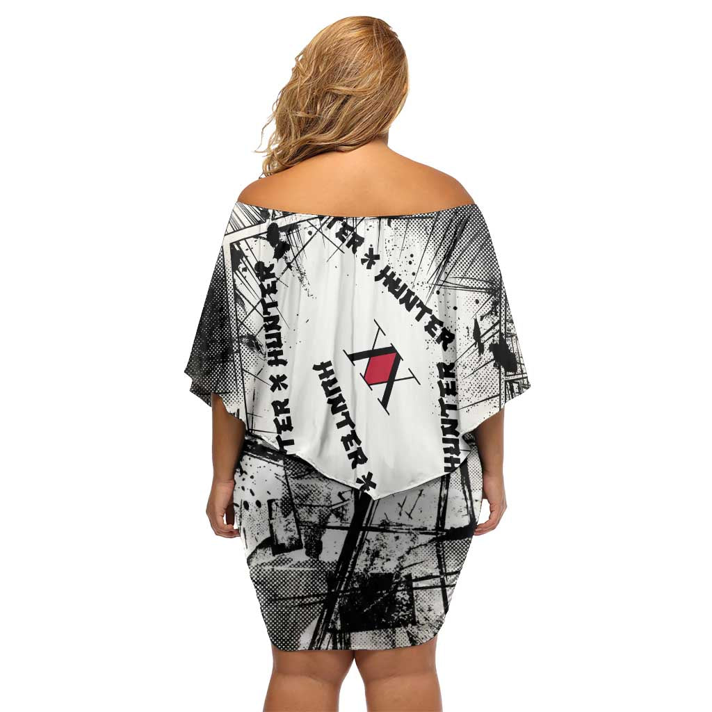 Killua Silva Illumi Team Design Family Matching Off Shoulder Short Dress and Hawaiian Shirt with Monochrome Graffiti Background and Hunter Association Symbols