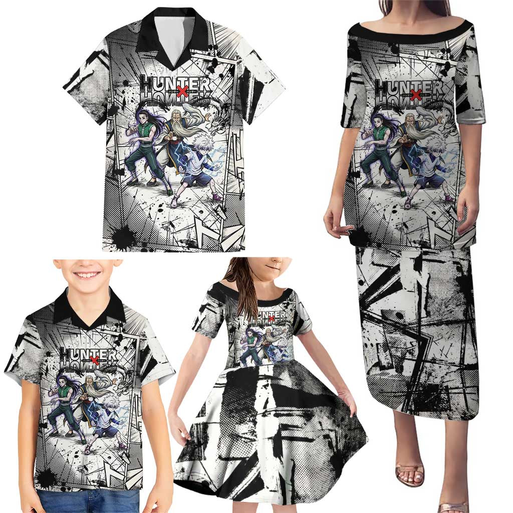 Killua Silva Illumi Team Design Family Matching Puletasi and Hawaiian Shirt with Monochrome Graffiti Background and Hunter Association Symbols