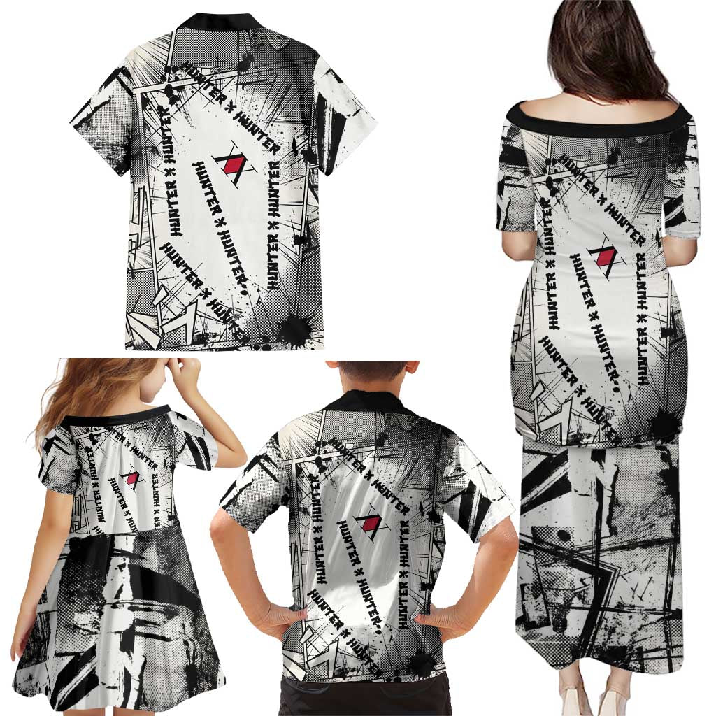 Killua Silva Illumi Team Design Family Matching Puletasi and Hawaiian Shirt with Monochrome Graffiti Background and Hunter Association Symbols