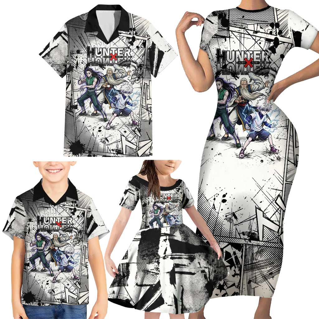Killua Silva Illumi Team Design Family Matching Short Sleeve Bodycon Dress and Hawaiian Shirt with Monochrome Graffiti Background and Hunter Association Symbols