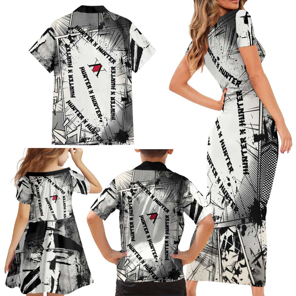 Killua Silva Illumi Team Design Family Matching Short Sleeve Bodycon Dress and Hawaiian Shirt with Monochrome Graffiti Background and Hunter Association Symbols