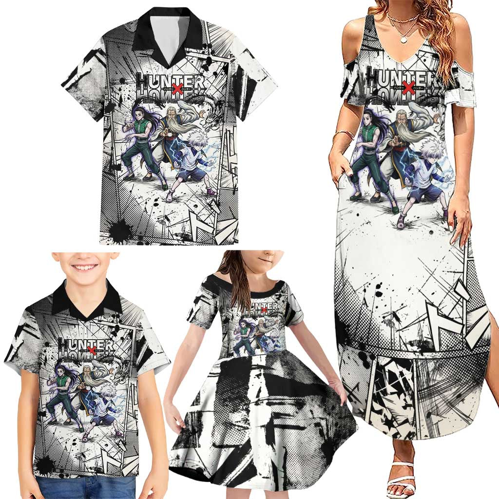 Killua Silva Illumi Team Design Family Matching Summer Maxi Dress and Hawaiian Shirt with Monochrome Graffiti Background and Hunter Association Symbols