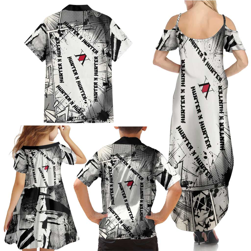 Killua Silva Illumi Team Design Family Matching Summer Maxi Dress and Hawaiian Shirt with Monochrome Graffiti Background and Hunter Association Symbols