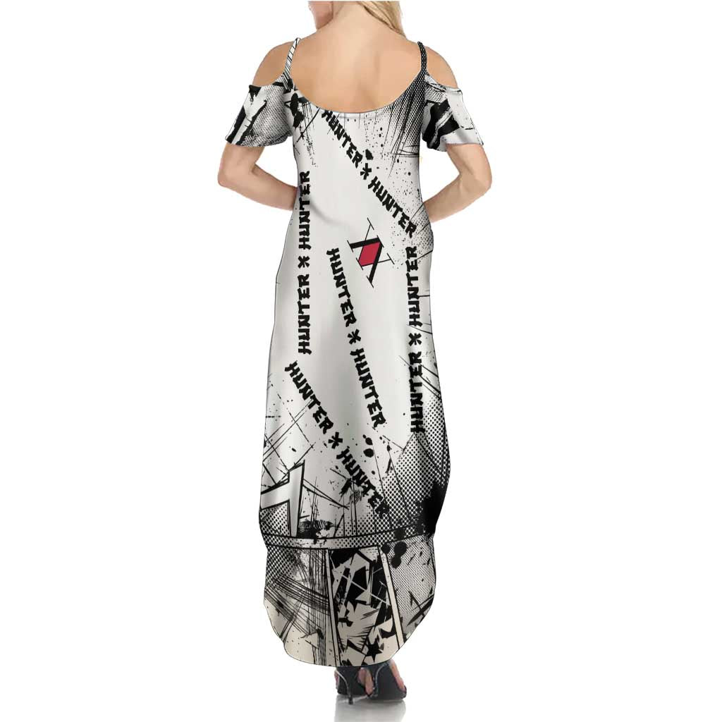 Killua Silva Illumi Team Design Family Matching Summer Maxi Dress and Hawaiian Shirt with Monochrome Graffiti Background and Hunter Association Symbols