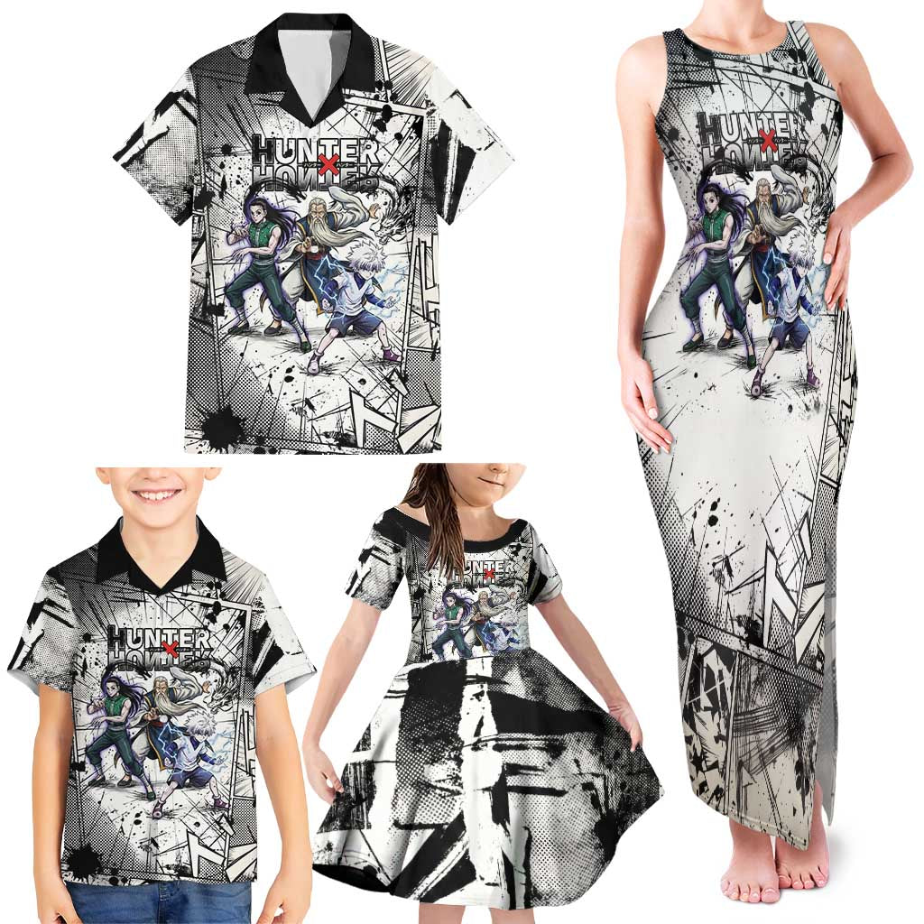 Killua Silva Illumi Team Design Family Matching Tank Maxi Dress and Hawaiian Shirt with Monochrome Graffiti Background and Hunter Association Symbols
