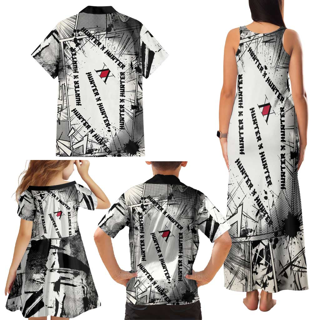 Killua Silva Illumi Team Design Family Matching Tank Maxi Dress and Hawaiian Shirt with Monochrome Graffiti Background and Hunter Association Symbols