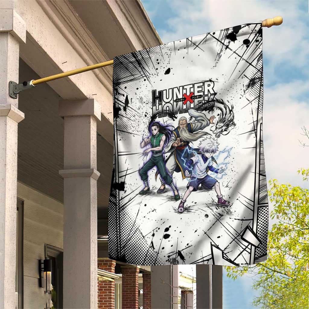 Killua Silva Illumi Team Design Garden Flag with Monochrome Graffiti Background and Hunter Association Symbols - The Mazicc