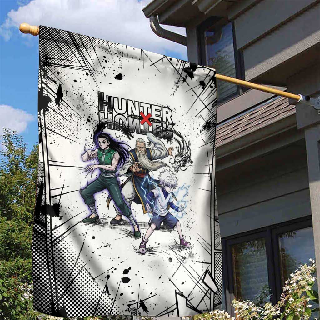 Killua Silva Illumi Team Design Garden Flag with Monochrome Graffiti Background and Hunter Association Symbols - The Mazicc