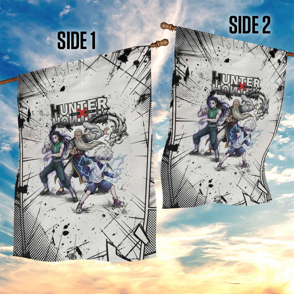 Killua Silva Illumi Team Design Garden Flag with Monochrome Graffiti Background and Hunter Association Symbols - The Mazicc