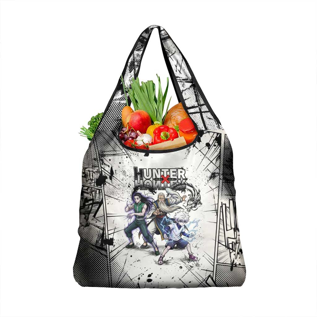 Killua Silva Illumi Team Design Grocery Bag with Monochrome Graffiti Background and Hunter Association Symbols - The Mazicc