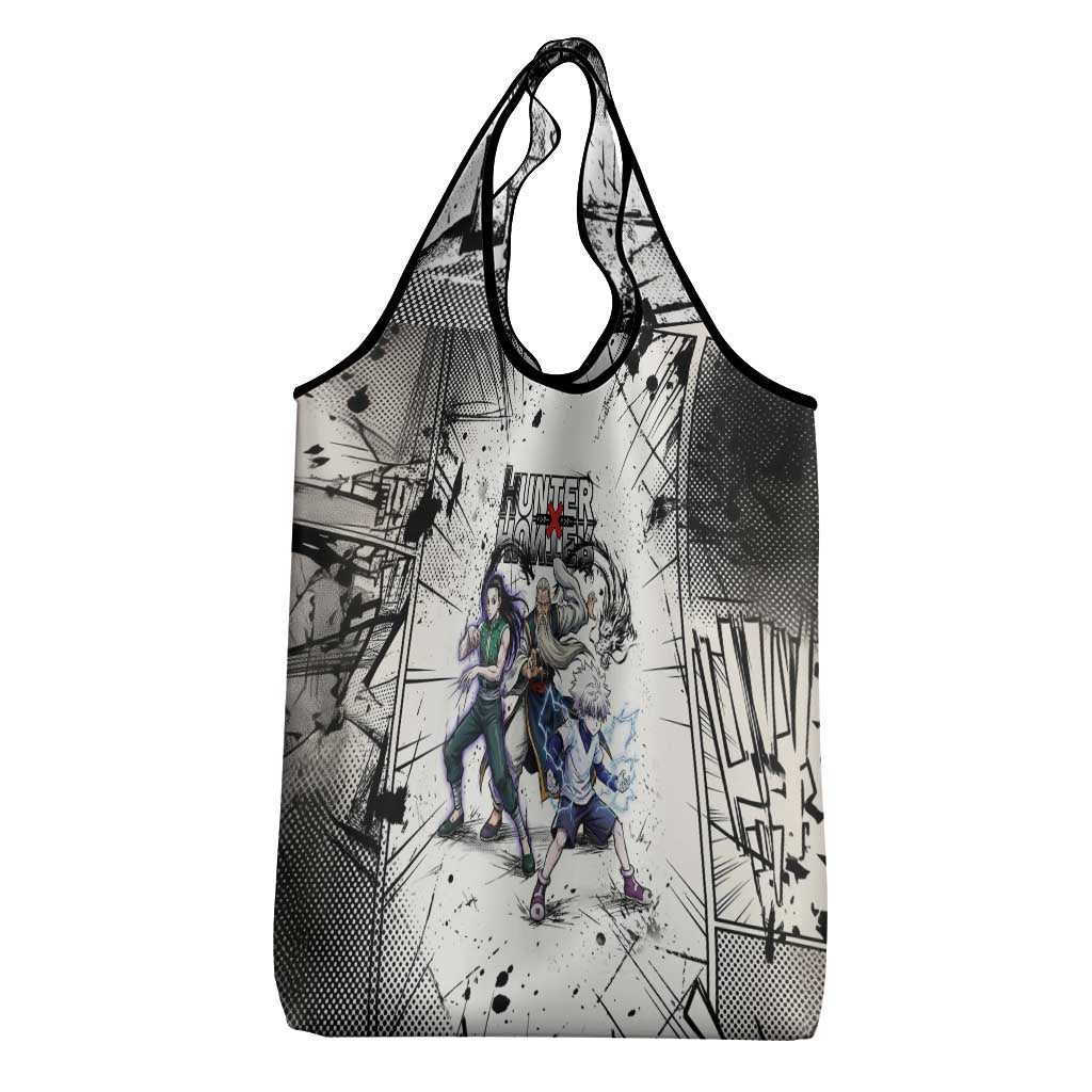 Killua Silva Illumi Team Design Grocery Bag with Monochrome Graffiti Background and Hunter Association Symbols - The Mazicc