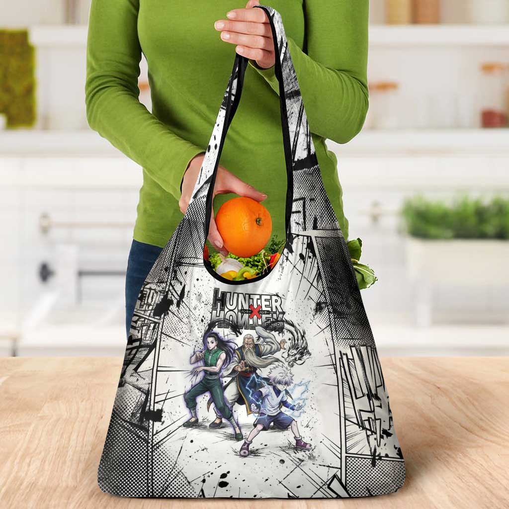 Killua Silva Illumi Team Design Grocery Bag with Monochrome Graffiti Background and Hunter Association Symbols - The Mazicc