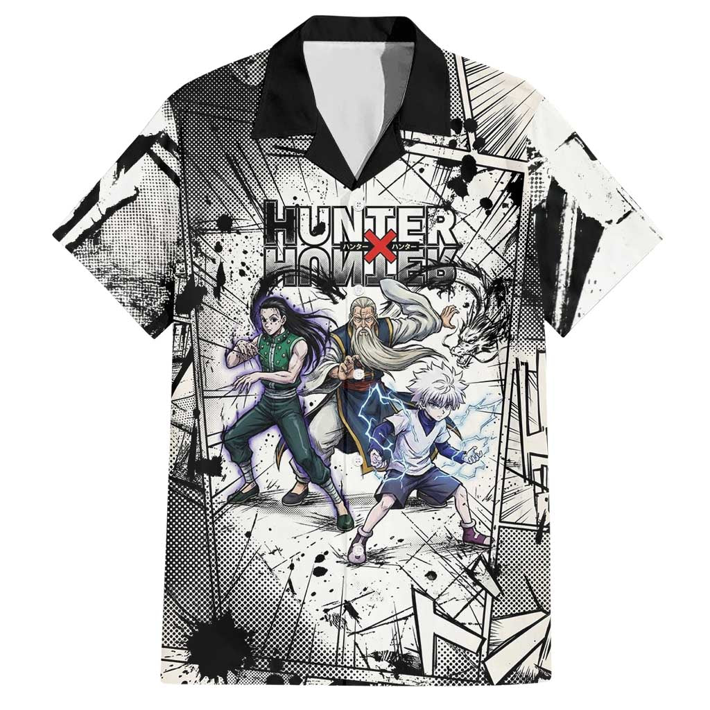 Killua Silva Illumi Team Design Hawaiian Shirt with Monochrome Graffiti Background and Hunter Association Symbols - The Mazicc