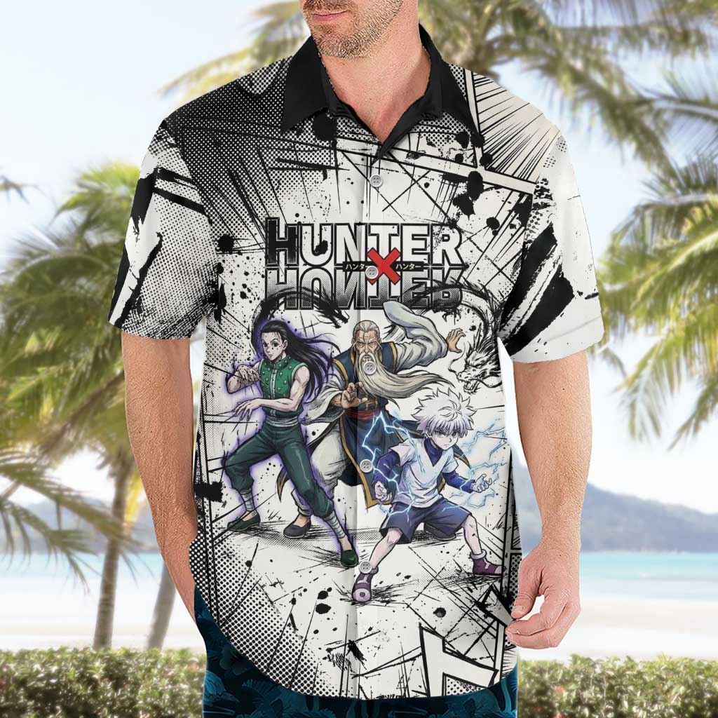 Killua Silva Illumi Team Design Hawaiian Shirt with Monochrome Graffiti Background and Hunter Association Symbols - The Mazicc