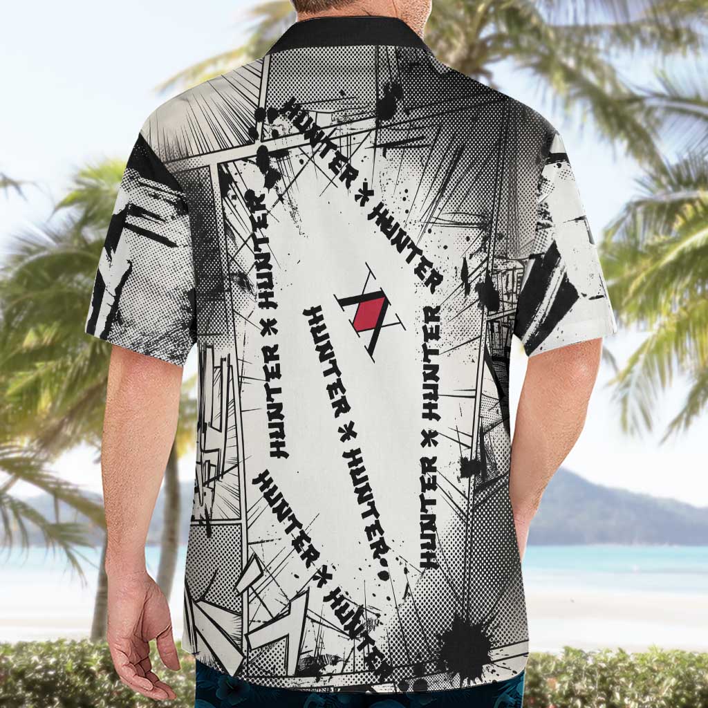 Killua Silva Illumi Team Design Hawaiian Shirt with Monochrome Graffiti Background and Hunter Association Symbols - The Mazicc