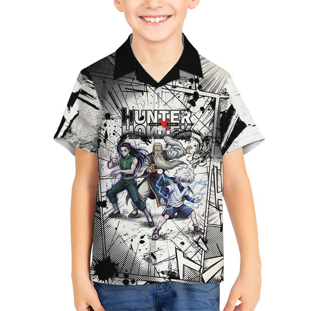 Killua Silva Illumi Team Design Hawaiian Shirt with Monochrome Graffiti Background and Hunter Association Symbols - The Mazicc