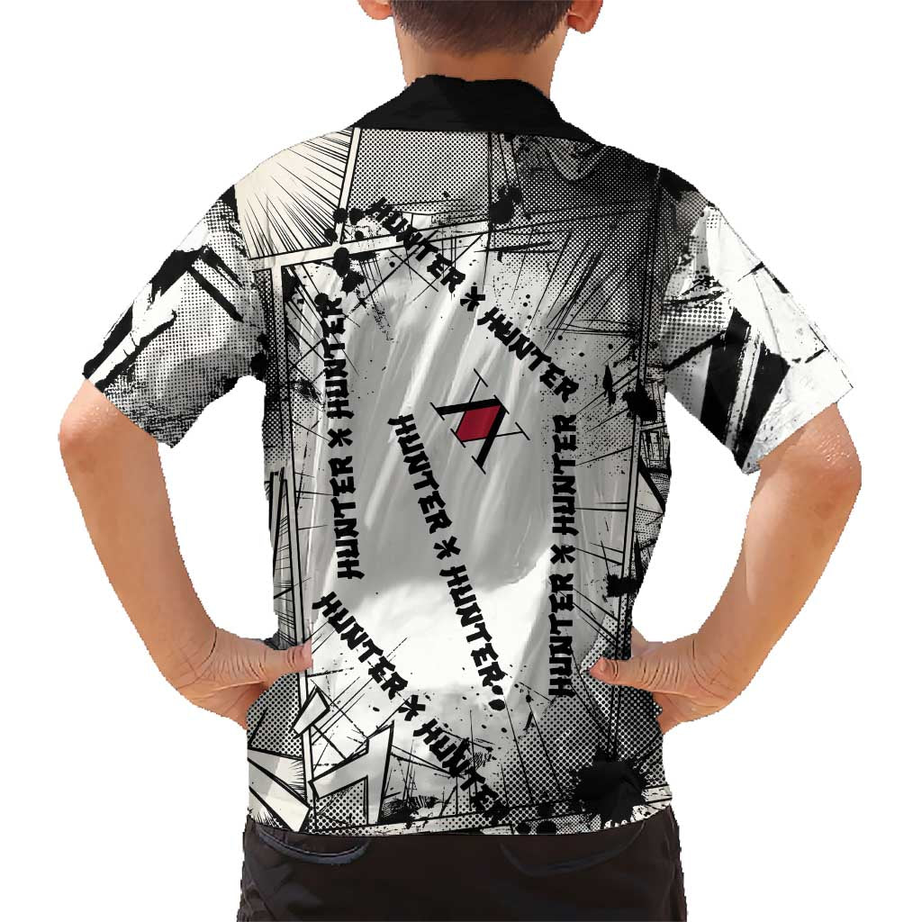 Killua Silva Illumi Team Design Hawaiian Shirt with Monochrome Graffiti Background and Hunter Association Symbols - The Mazicc