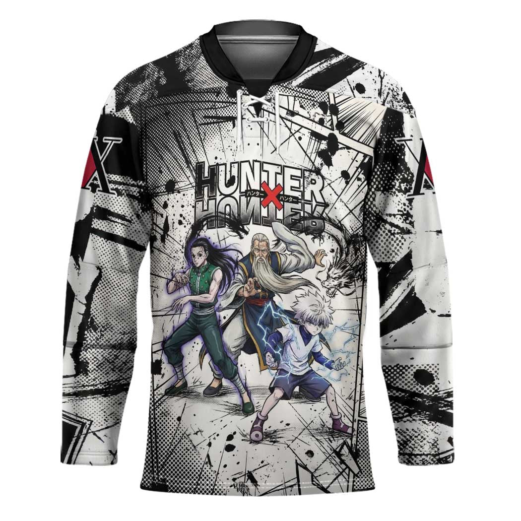 Killua Silva Illumi Team Design Hockey Jersey with Monochrome Graffiti Background and Hunter Association Symbols - The Mazicc