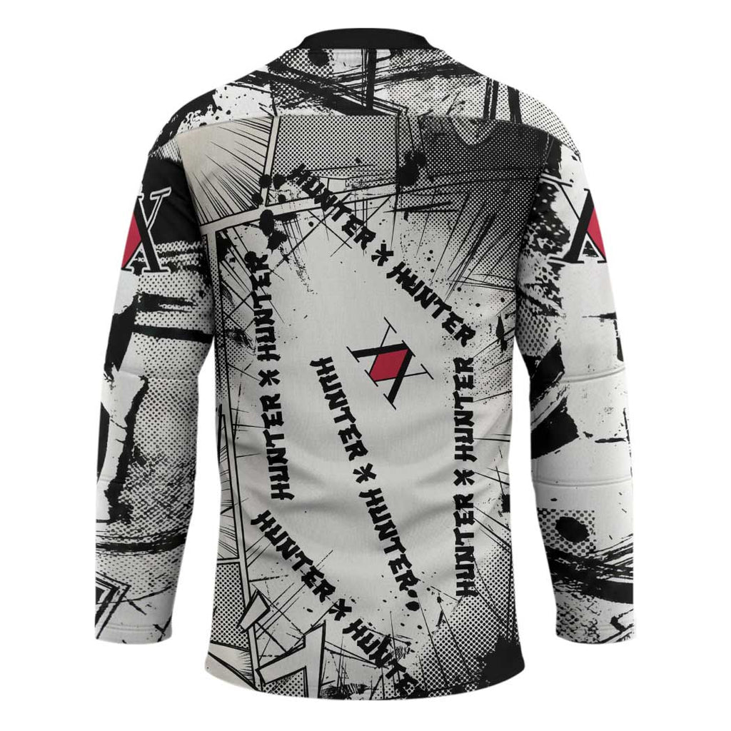 Killua Silva Illumi Team Design Hockey Jersey with Monochrome Graffiti Background and Hunter Association Symbols - The Mazicc