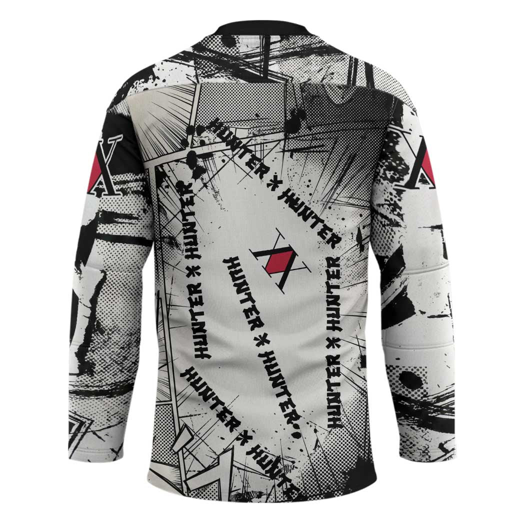 Killua Silva Illumi Team Design Hockey Jersey with Monochrome Graffiti Background and Hunter Association Symbols - The Mazicc