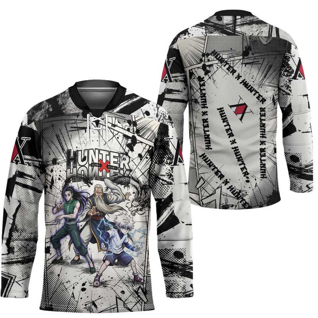 Killua Silva Illumi Team Design Hockey Jersey with Monochrome Graffiti Background and Hunter Association Symbols - The Mazicc