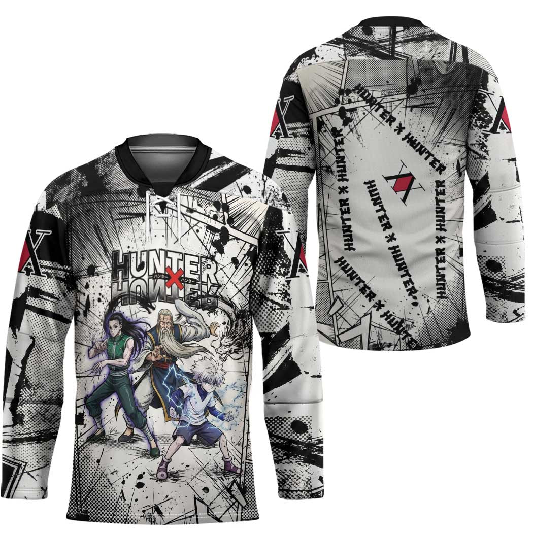 Killua Silva Illumi Team Design Hockey Jersey with Monochrome Graffiti Background and Hunter Association Symbols - The Mazicc