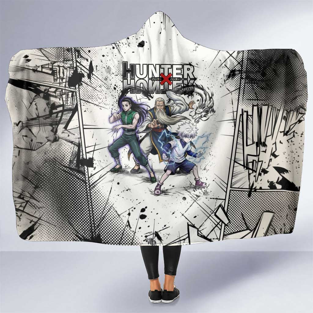 Killua Silva Illumi Team Design Hooded Blanket with Monochrome Graffiti Background and Hunter Association Symbols - The Mazicc