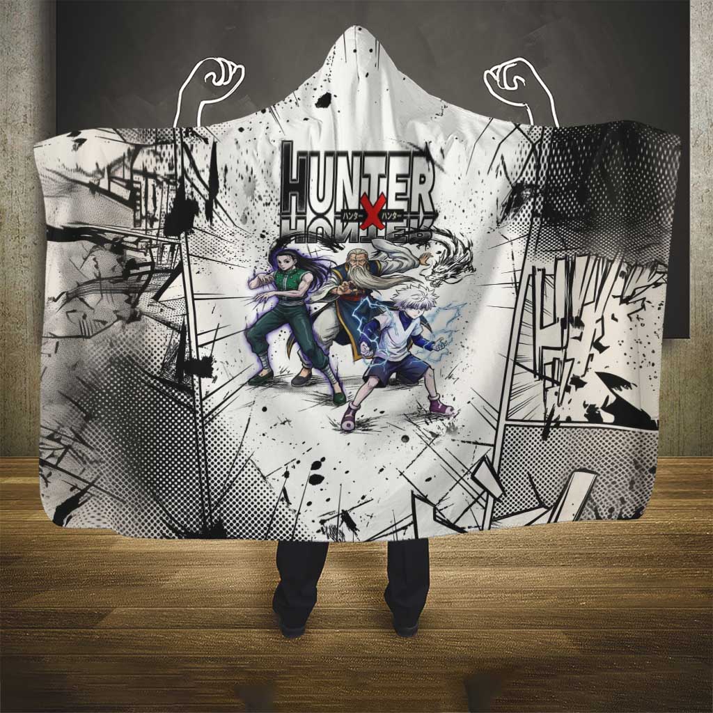 Killua Silva Illumi Team Design Hooded Blanket with Monochrome Graffiti Background and Hunter Association Symbols - The Mazicc