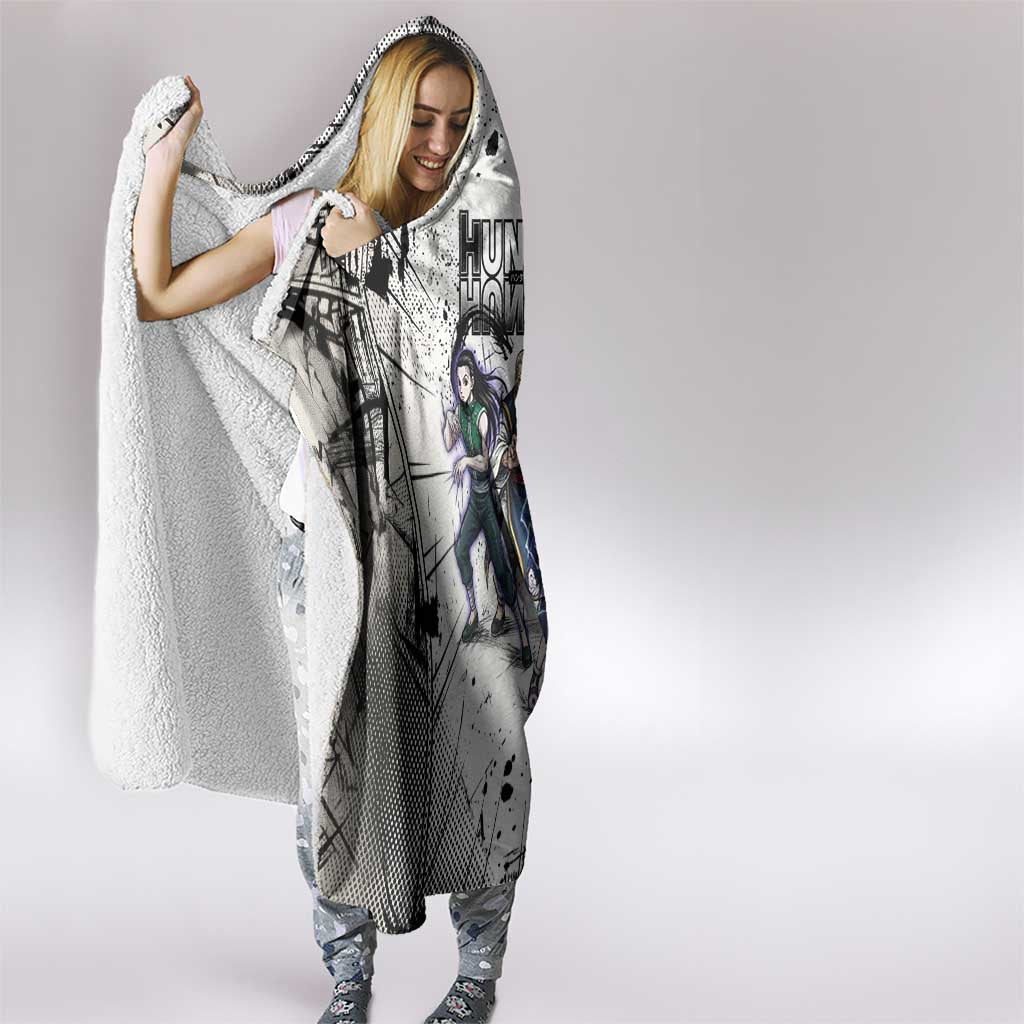 Killua Silva Illumi Team Design Hooded Blanket with Monochrome Graffiti Background and Hunter Association Symbols - The Mazicc