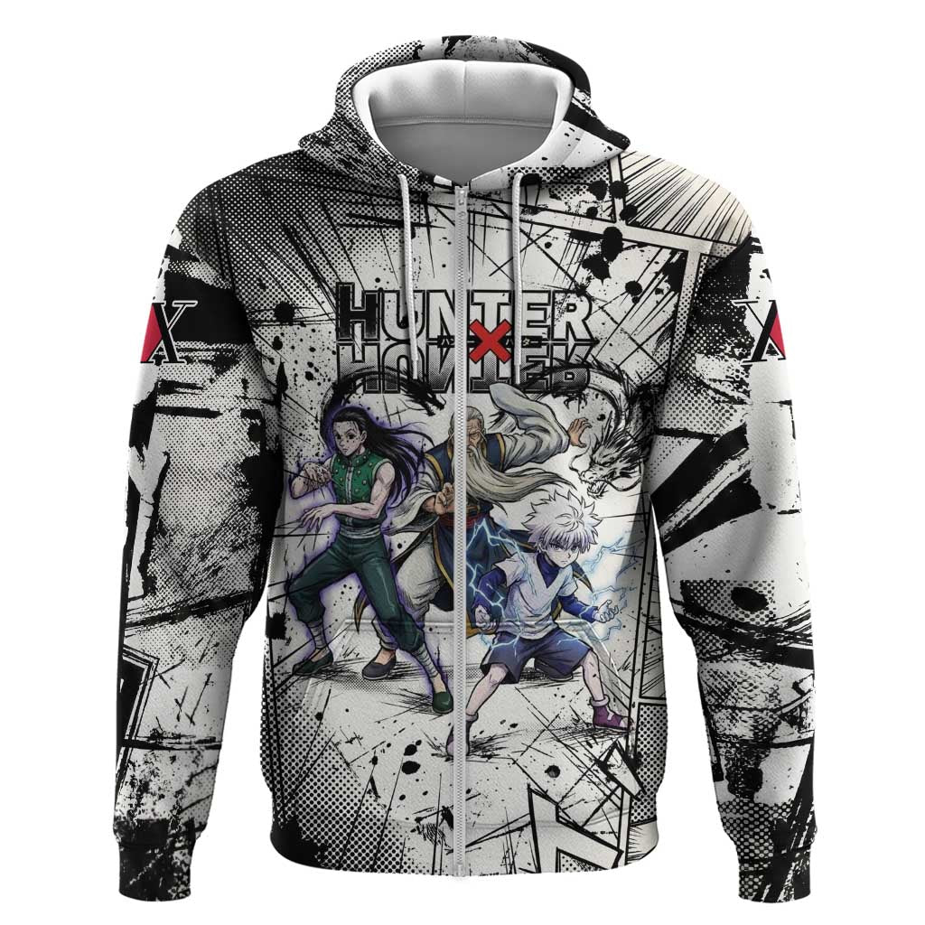 Killua Silva Illumi Team Design Hoodie with Monochrome Graffiti Background and Hunter Association Symbols - The Mazicc