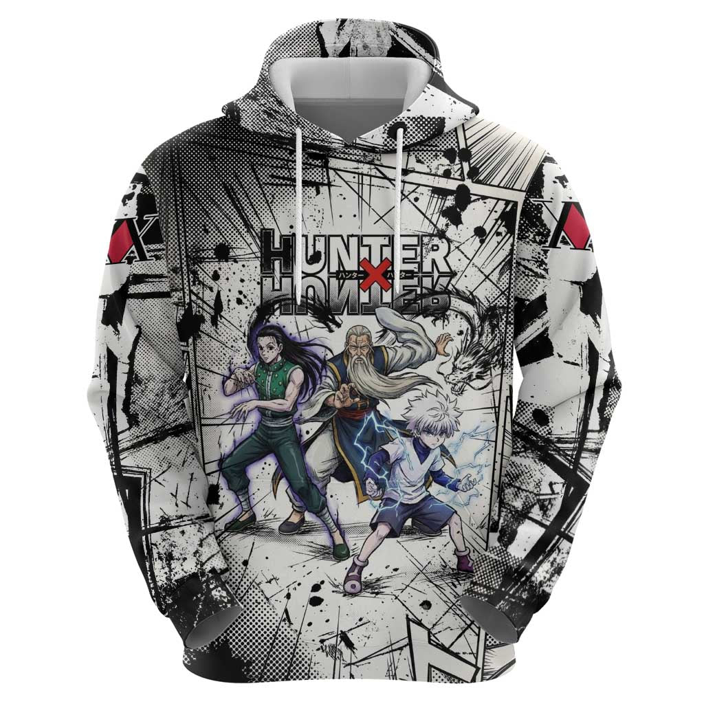 Killua Silva Illumi Team Design Hoodie with Monochrome Graffiti Background and Hunter Association Symbols - The Mazicc