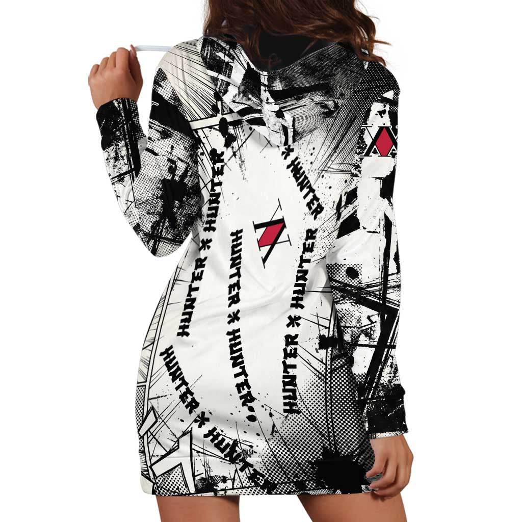 Killua Silva Illumi Team Design Hoodie Dress with Monochrome Graffiti Background and Hunter Association Symbols - The Mazicc