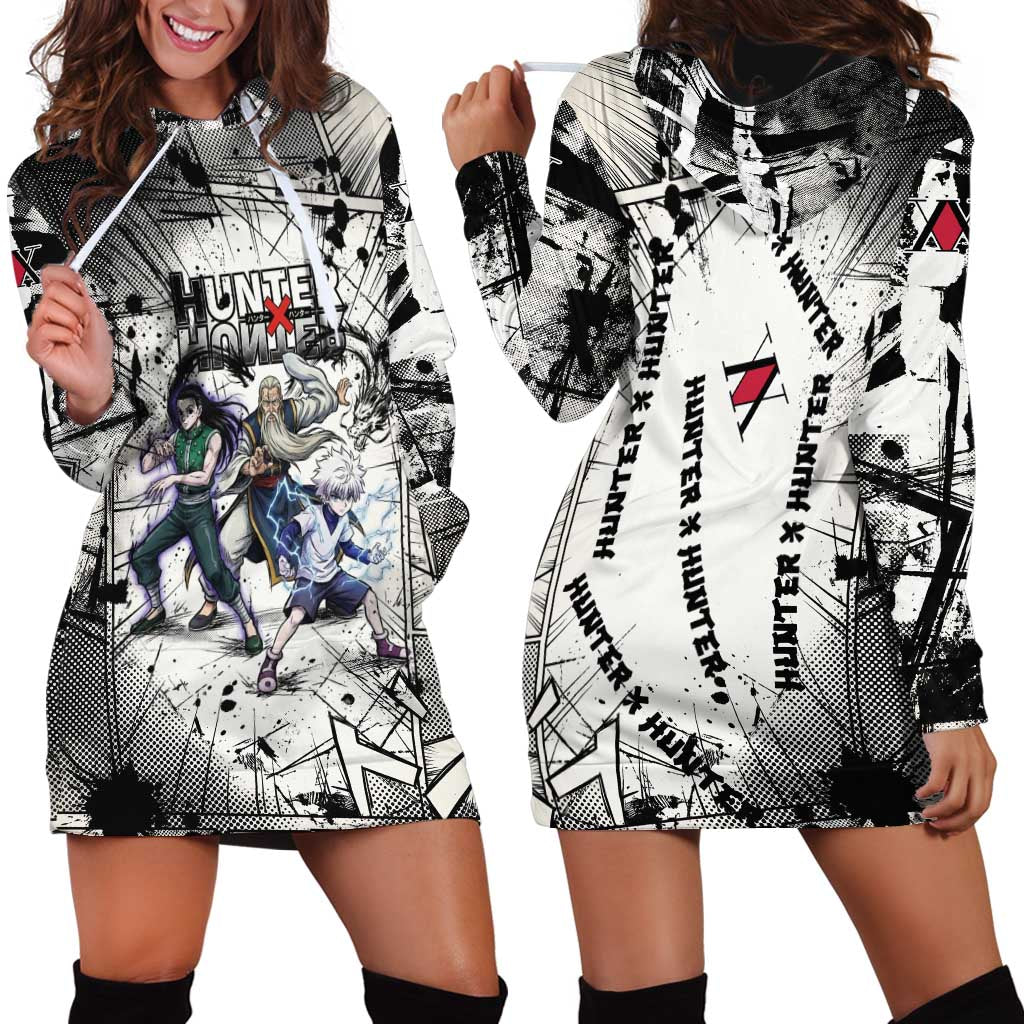 Killua Silva Illumi Team Design Hoodie Dress with Monochrome Graffiti Background and Hunter Association Symbols - The Mazicc