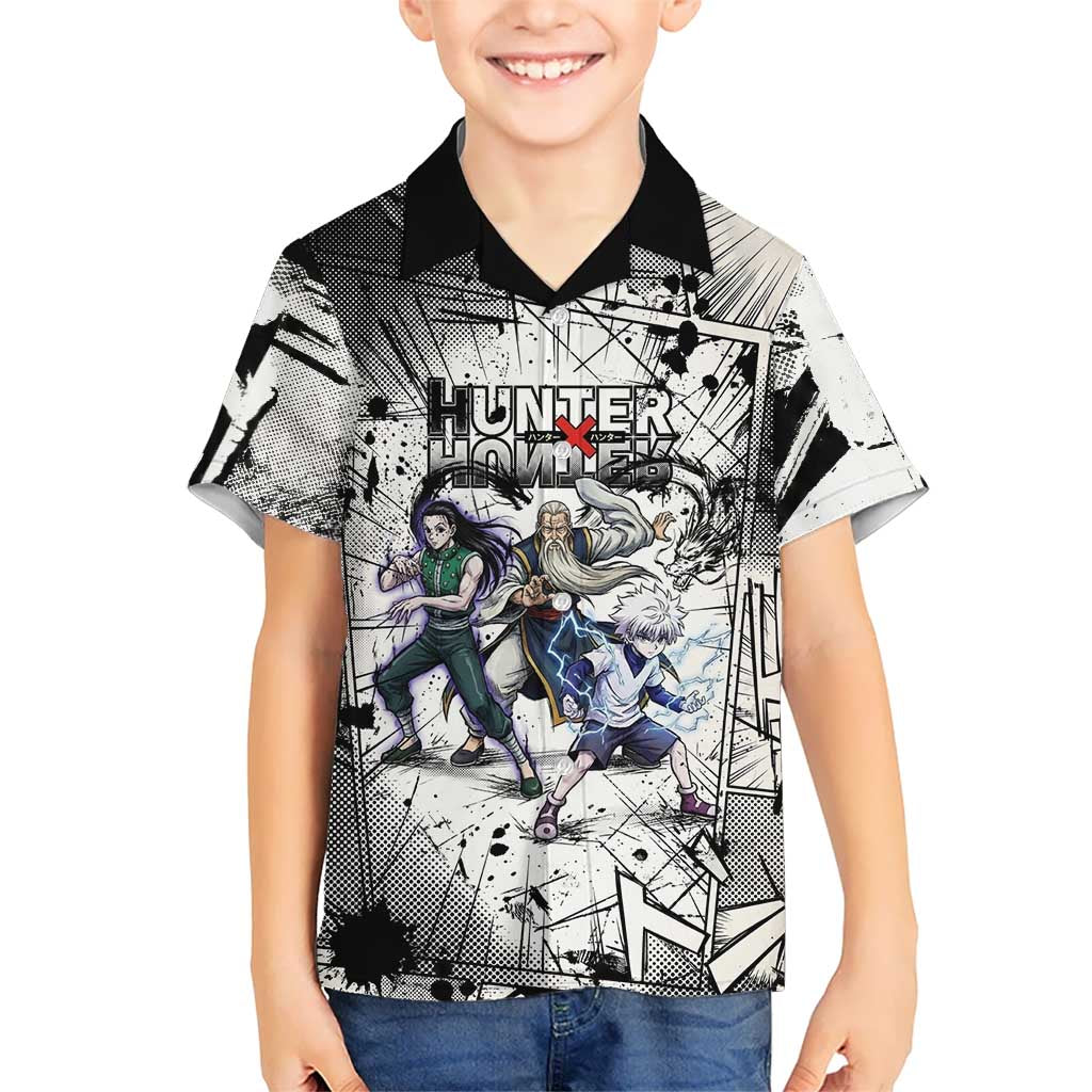 Killua Silva Illumi Team Design Kid Hawaiian Shirt with Monochrome Graffiti Background and Hunter Association Symbols - The Mazicc