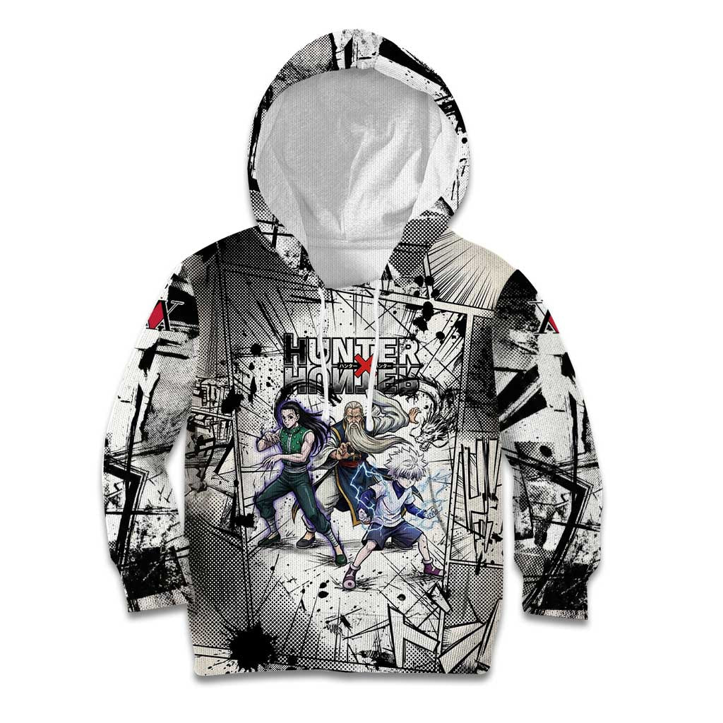 Killua Silva Illumi Team Design Kid Hoodie with Monochrome Graffiti Background and Hunter Association Symbols - The Mazicc